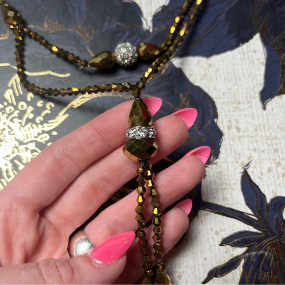 Estate Y2K Brown Faceted AB and Rhinestone Beaded Double Layer Drop Necklace D2 - Picture 10 of 14